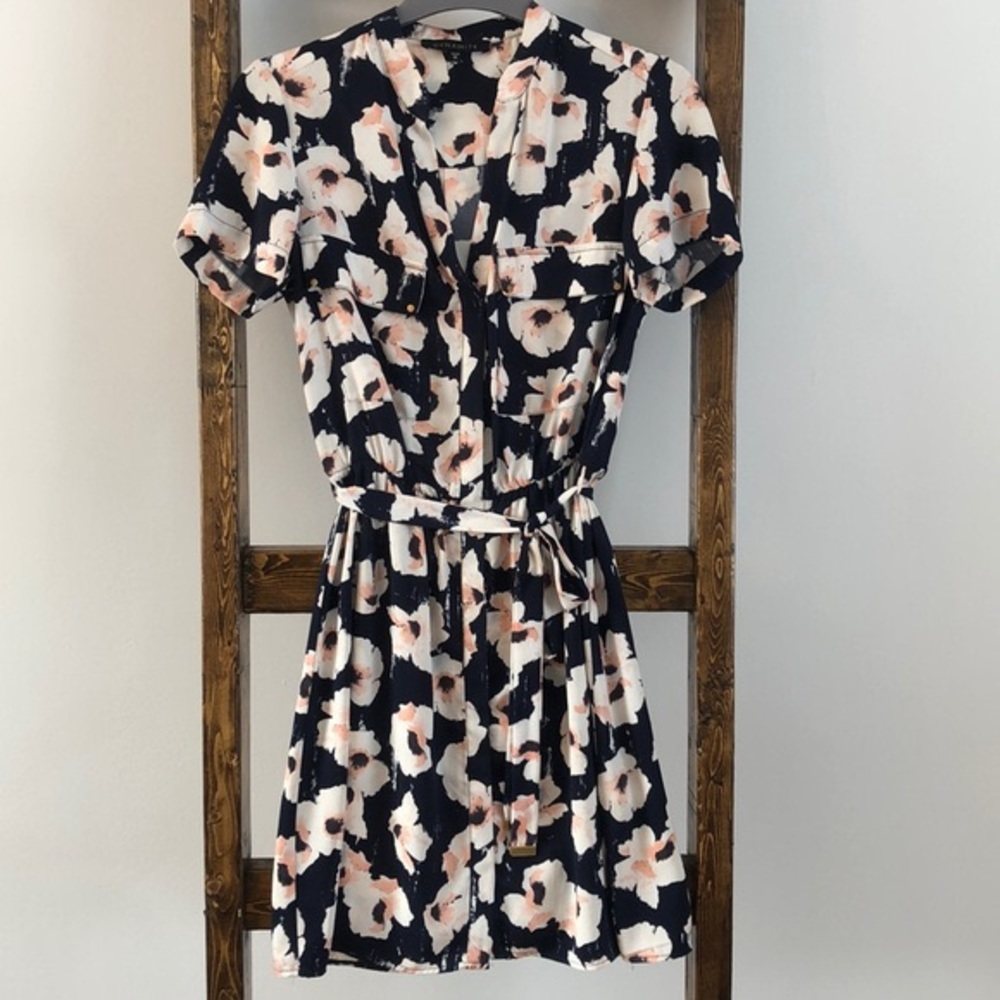 DYNAMITE Black Floral Tie Waist Button Up Dress